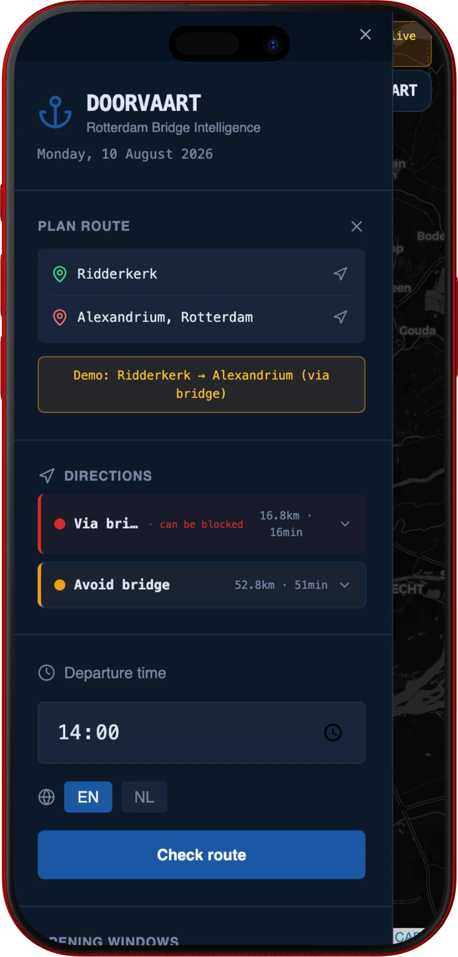 DOORVAART route planner showing bridge and avoid-bridge options