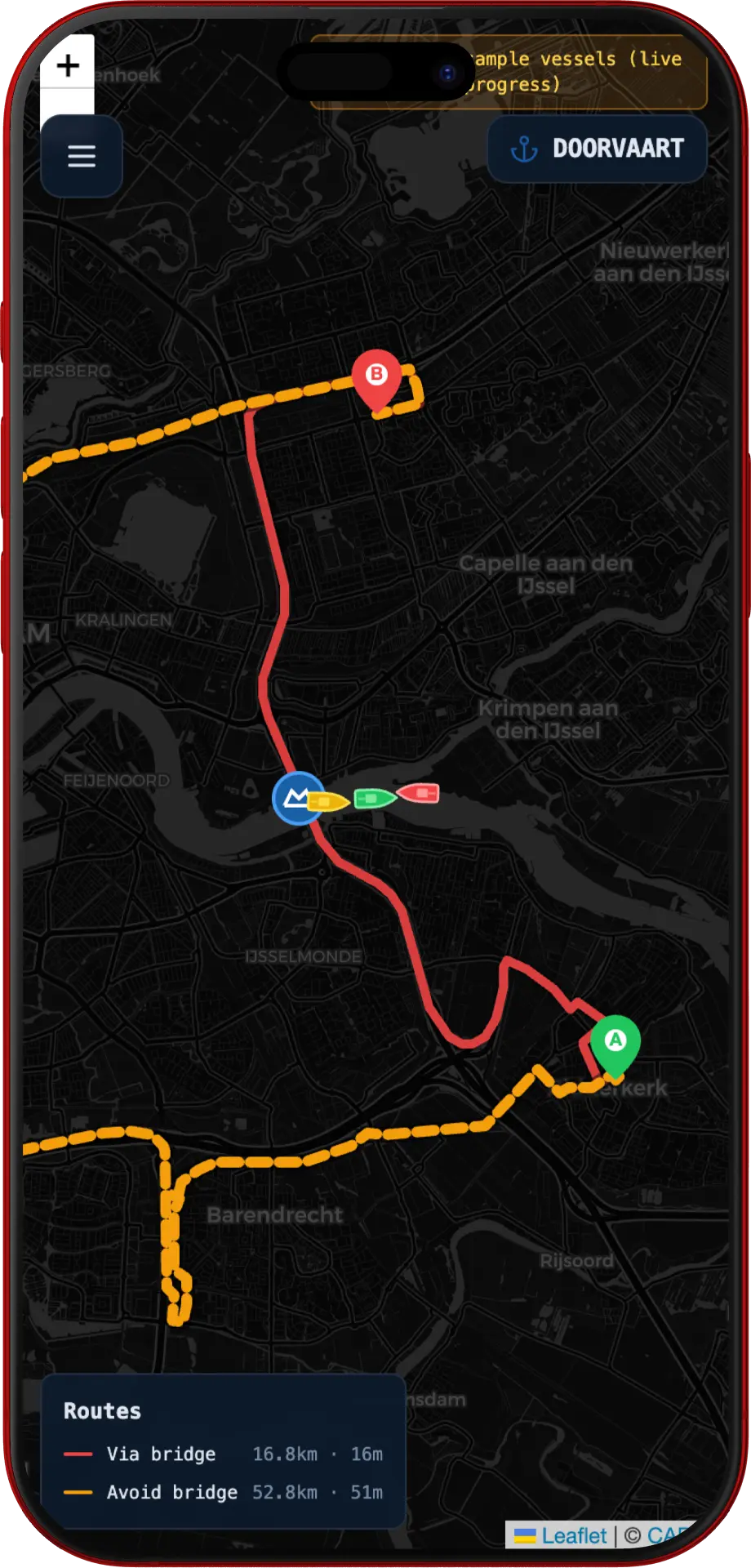 DOORVAART live map with vessel traffic and two route options