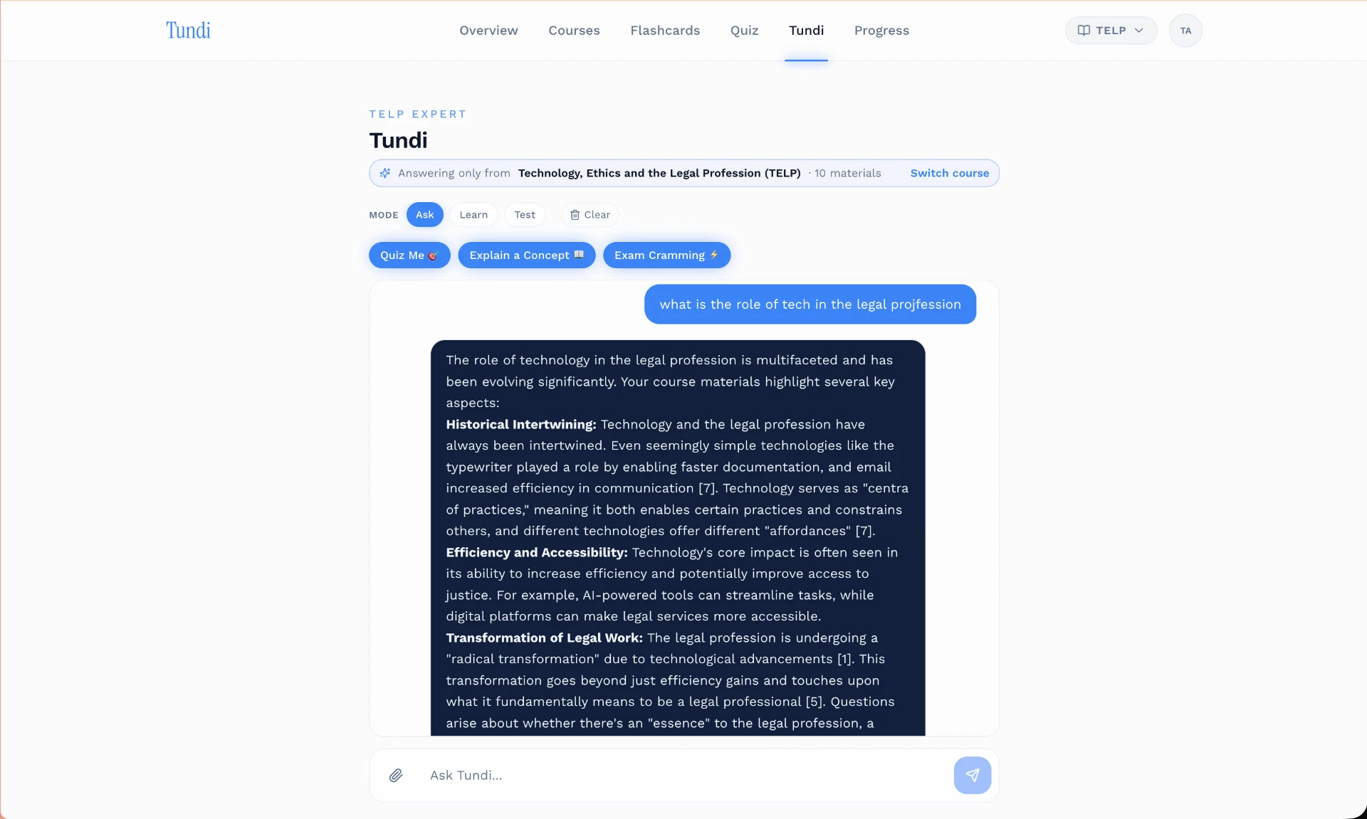 Tundi AI study chat answering a question from course materials