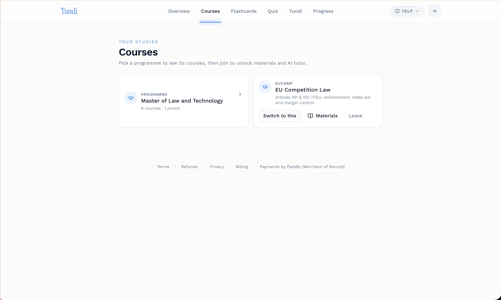Tundi courses page showing programmes and joined courses